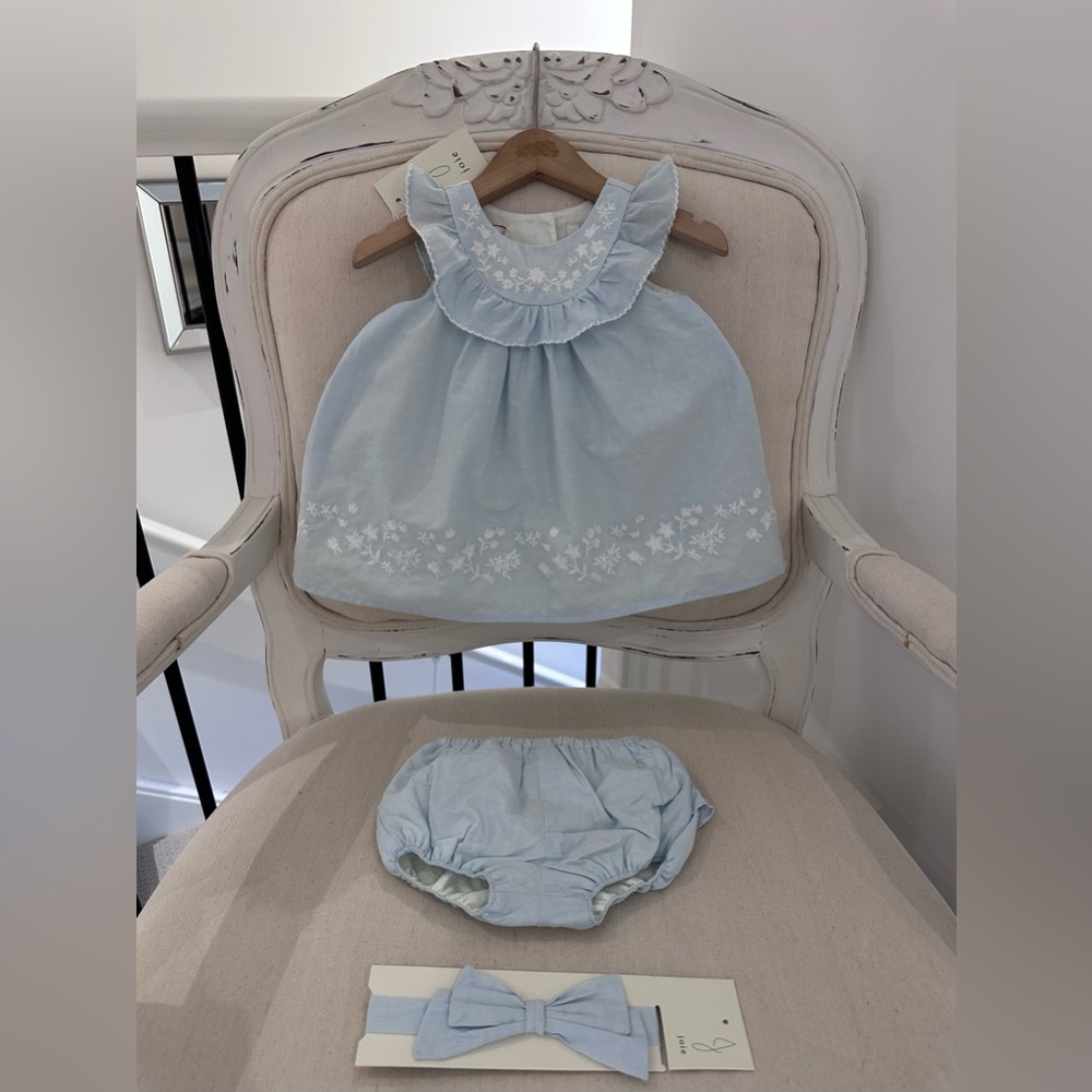 🦢 3~6 Mth Joie Baby Blue Dress with Ruffles & Floral Embroidery 3 Piece NWT